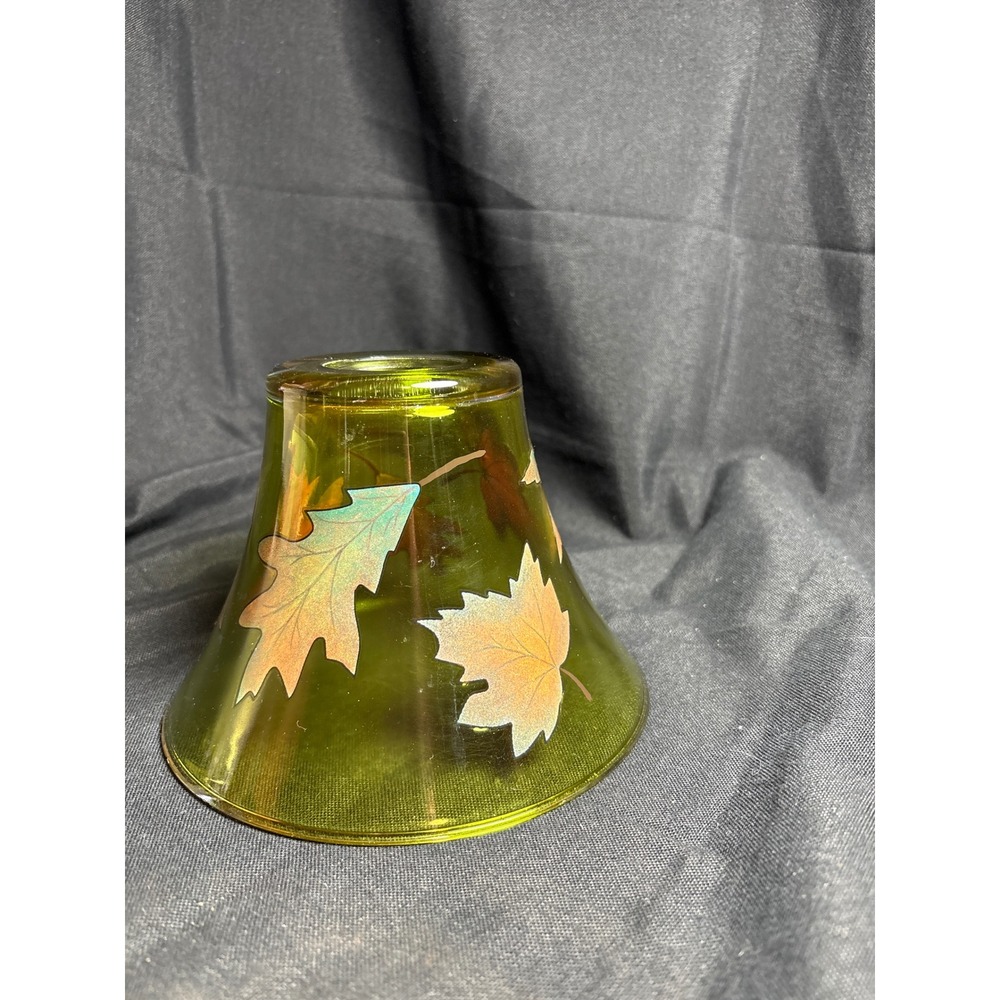 Olive Green Glass Candle Shade Hand Painted‎ Fall Autumn Leaves Jar Topper 6.5in - Picture 2 of 9